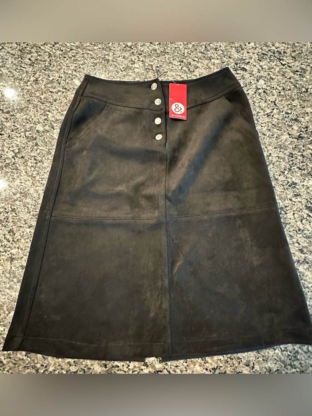 89th & Madison Black Faux Suede Midi Skirt with Front Buttons